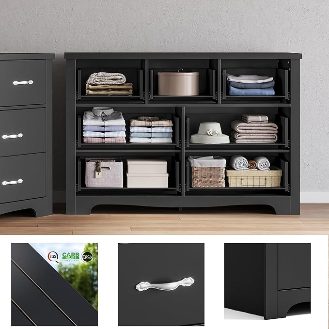 LINSY HOME 7 Drawers Dresser for Bedroom, 47" Wide Rustic Wood Dressers & Chests of Drawers, Modern Storage Dresser with Antique Handles for Closet, Living Room, Hallway, Black