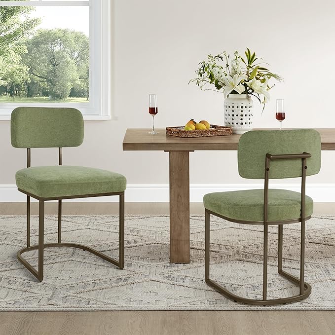 Dining Chairs Set of 4, Upholstered Modern Kitchen Chairs with Ergonomic Backrest, Fabric Cushion Seat & Metal Legs for Living Room, Restaurant, and Café, Green, 2Boxs