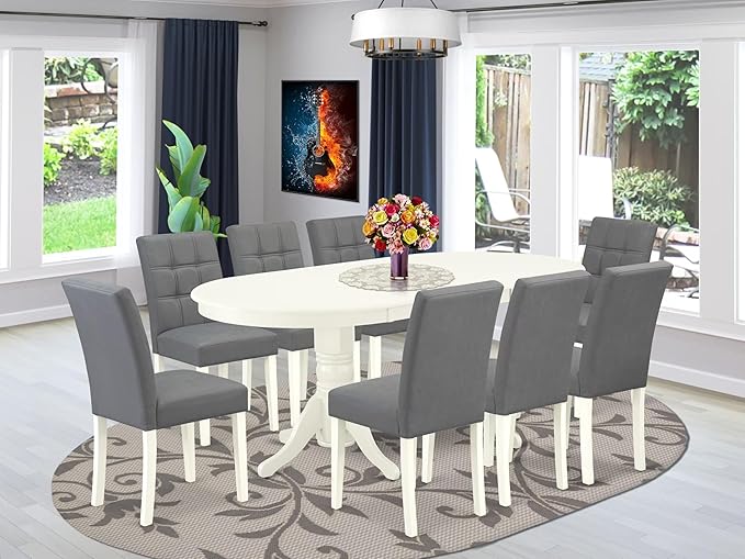 East West Furniture VAAS9-LWH-41 9 Piece Modern Dining Table Set Includes A Dining Table and 8 Platinum Gray Polyester Fabric Parson Dining Chairs with Stylish Back- Linen White Finish