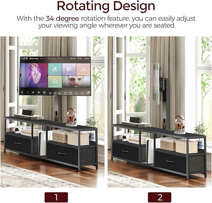 TV Stand with Mount for up to 65", Entertainment Center with Switch-Controlled Charging Station, Swivel TV Stand Mount with Fabric Drawers, for Living Room, Black TVBK154E01