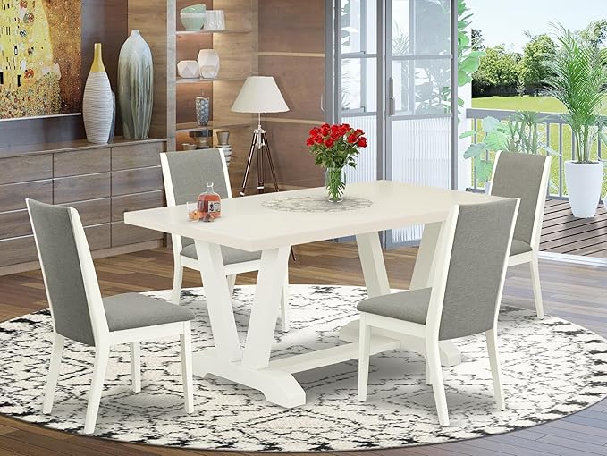 East West Furniture V027SI215-6 6 Piece Dining Set Contains a Rectangle Dining Room Table with V-Legs and 4 Baby Blue Linen Fabric Parson Chairs with a Bench, 40x72 Inch, Multi-Color