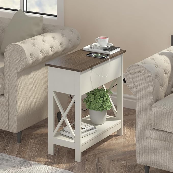 ChooChoo End Table with Charging Station, Narrow Flip Top Side Table with USB Ports & Power Outlets for Small Spaces, Nightstand Sofa Table for Living Room, Bedroom, White and Brown, 2 Pack