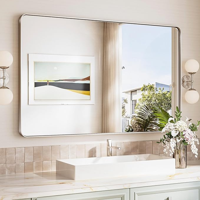 TokeShimi 48x30 Wall Mirror for Bathroom,Brushed Nickel Bathroom Vanity Mirror Modern,Tempered Glass,Large Bathroom Mirror Rectangle,Metal Framed Bathroom Mirror(Horizontal/Vertical)