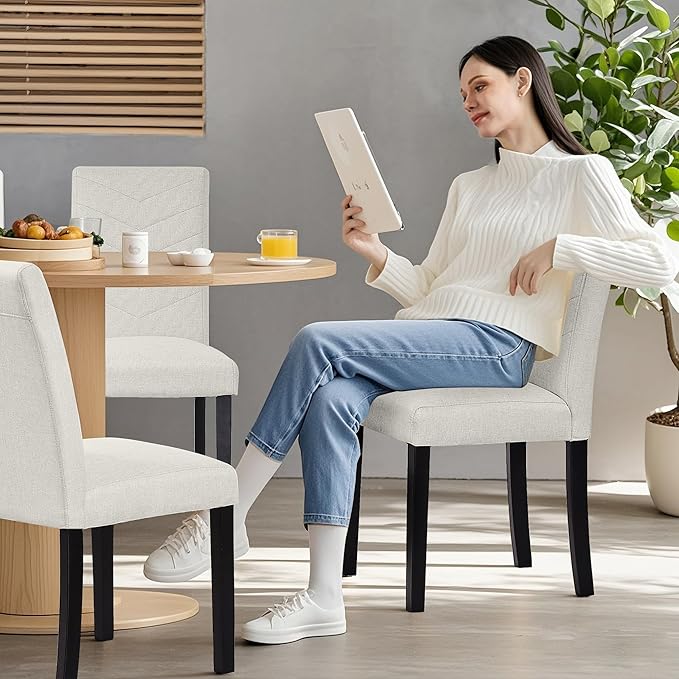 VECELO Upholstered Dining Chairs Set of 6, Fabric Wood Legs High Back for Kitchen Living Room, Beige