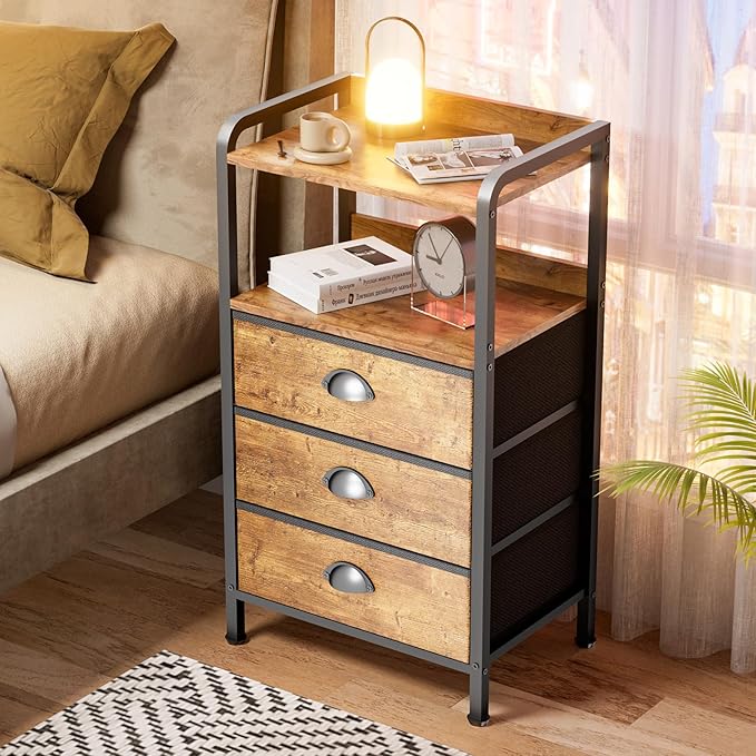 Night Stand Bedside Storage Drawers Bed Side Table Drasser Organizer Nightstand with Shelf End Tables with 3 Chest Drawer Traditional Night Stands for Bedroom Living Room Dorm Rustic Brown