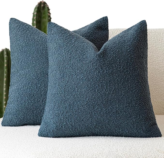 Foindtower Pack of 2 Modern Textured Boucle Throw Pillow Covers Accent Solid Decorative Pillow Cases Cozy Woven Couch Cushion Case for Chair Sofa Bedroom Living Room Home Decor, 18 x 18 Inch,Blue