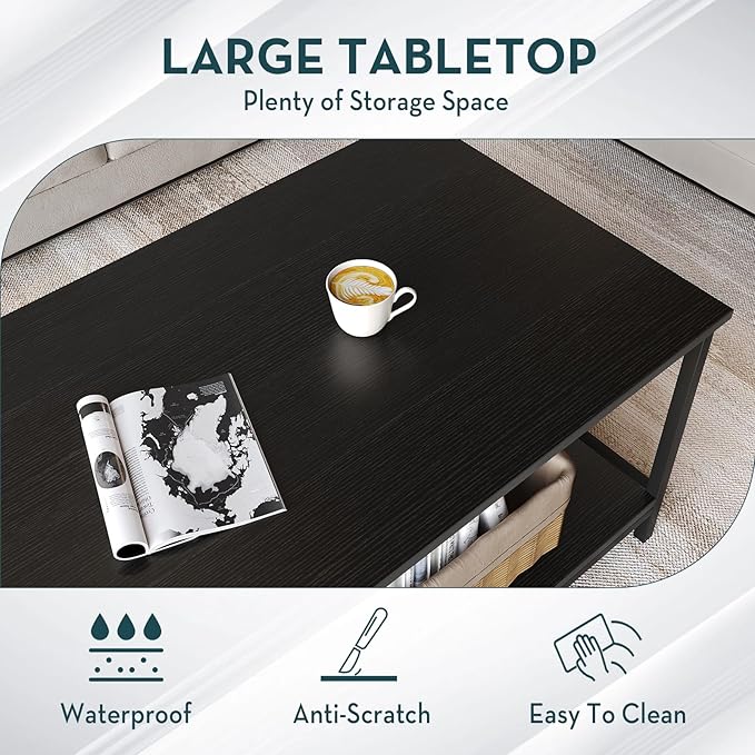 SAYGOER Black Coffee Table for Living Room Modern Rectangle 2-Tier Coffee Tables with Storage Industrial Wood Center Table for Large or Small Spaces Apartment Home Office, All Black
