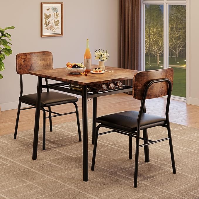 GarveeHome Dining Table for 2 with Storage Rack, Small Kitchen Table for 2 with Metal Frame, Square Table with Upholstered Chairs Set of 2, 3-Piece Dining Room Set for Small Space, Apartment, Brown