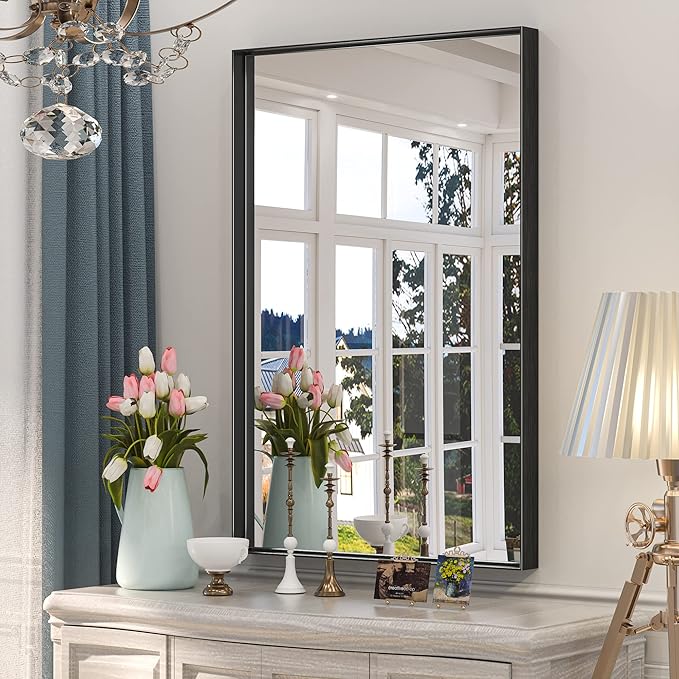 Keonjinn Black Bathroom Mirror 24 x 36 Inch Rectangular Wall Mirror Brushed Metal Frame Black Mirror Modern Farmhouse Mirror, Framed Rectangle Bathroom Mirror for Over Sink(Horizontal/Vertical)