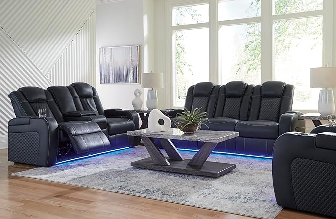 Signature Design by Ashley Fyne-Dyme Contemporary Power Reclining Loveseat with Console, USB Charging Ports and Adjustable Headrest, Blue