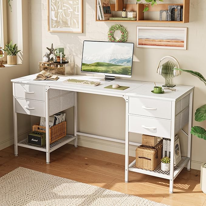 Huuger 63 Inch White Desk with 4 Drawers, Vanity Desk with Mesh Shelf, Large Storage, Computer Desk Office Desk for Home Office, Bedroom, Work from Home