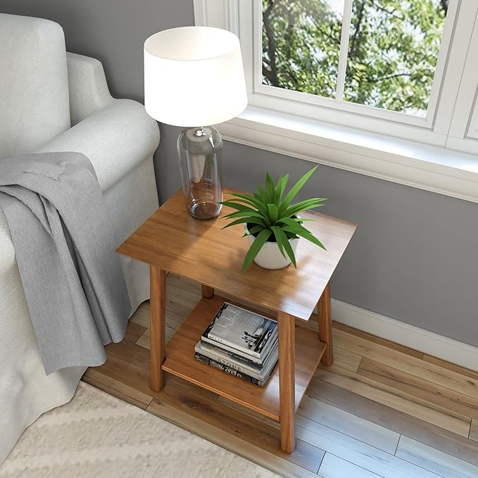 Plank+Beam Wooden Side Table with Storage, Mid Century Modern End Tables for Living Room, Small Solid Wood Nightstand, Bedside Tables, Bedroom Furniture, Pecan