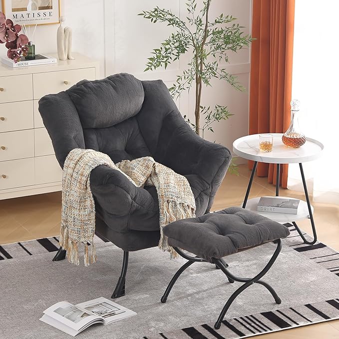 Oversized Chair with Ottoman, Modern Reading Chair, Lounge Accent Chair with Armrests and a Side Pocket for Small Space, Bedroom, Study, Living Room (Plush Dark Greyish Blue)