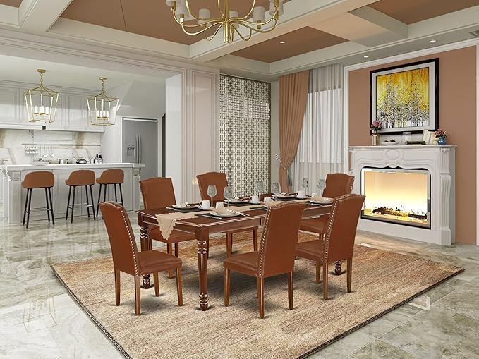East West Furniture DOEN7-MAH-66 7 Piece Dining Table Set Consist of a Rectangle Dining Room Table with Butterfly Leaf and 6 Brown Faux Faux Leather Parson Chairs, 42x78 Inch, Mahogany