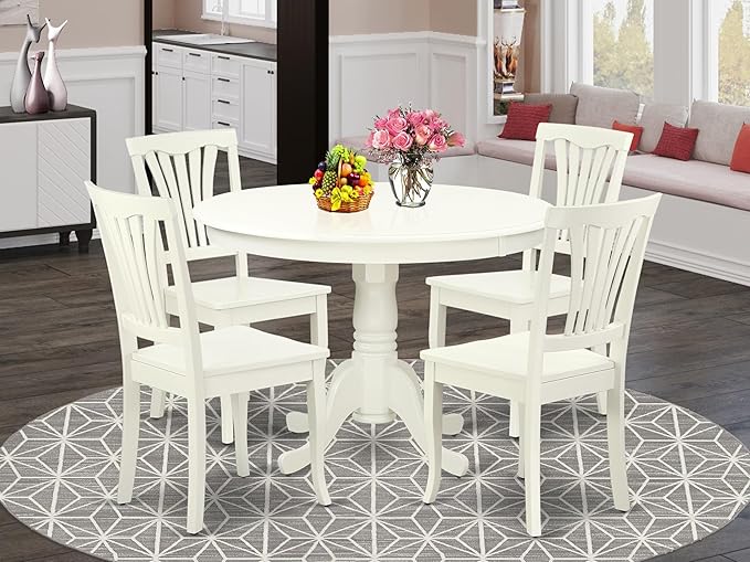 East West Furniture HLAV5-LWH-W 5 Piece Kitchen Table Set for 4 Includes a Round Dining Room Table with Pedestal and 4 Solid Wood Seat Chairs, 42x42 Inch, Linen White