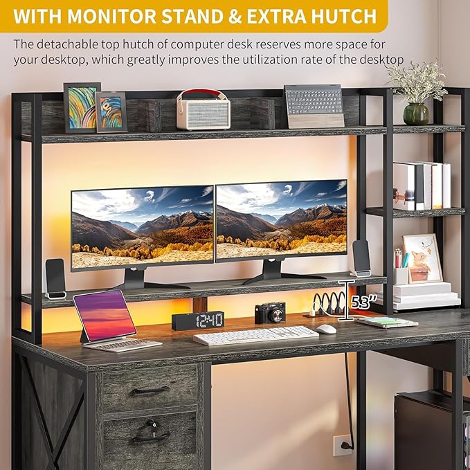 DWVO Computer Desk with Drawers & Hutch, 59.1" Office Desk with Power Outlets & LED Lights, Home Office Desk with Storage Shelves, Grey