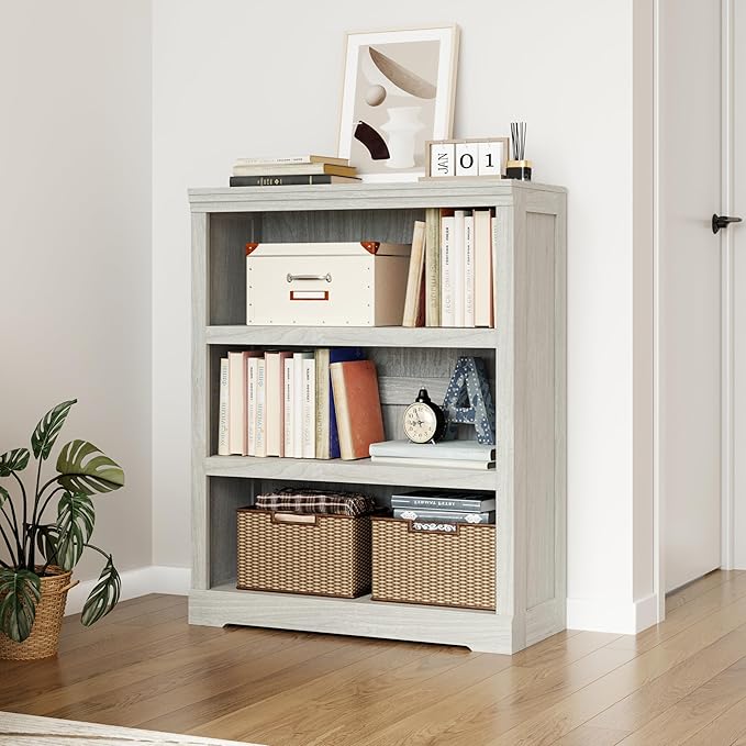LINSY HOME 3-Tier Bookcase and Bookshelf, Small Wood Display Storage Shelves Farmhouse Bookshelf for Home Office, Living Room, Bed Room - White Oak