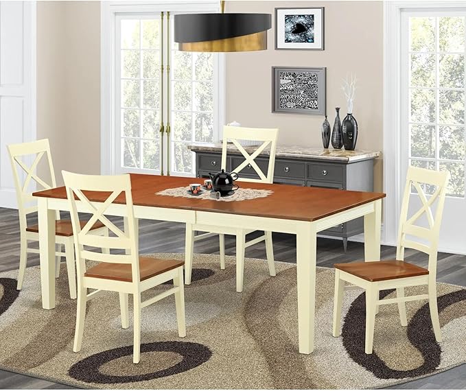 East West Furniture QUIN5-WHI-W 5 Piece Dining Room Table Set Includes a Rectangle Kitchen Table with Butterfly Leaf and 4 Dining Chairs, 40x78 Inch, Buttermilk & Cherry