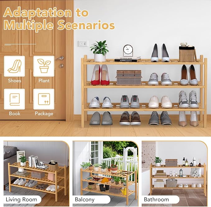 Haddockway Long 3 Tier Bamboo Shoe Rack Storage Organizer,Multifunctional Free Standing Stackable Shoe Shelf with Grid Panel for Closet,Hallway,Entryway,Small Space 34.2"x11"x20"(Natural, 3-Tier Long)