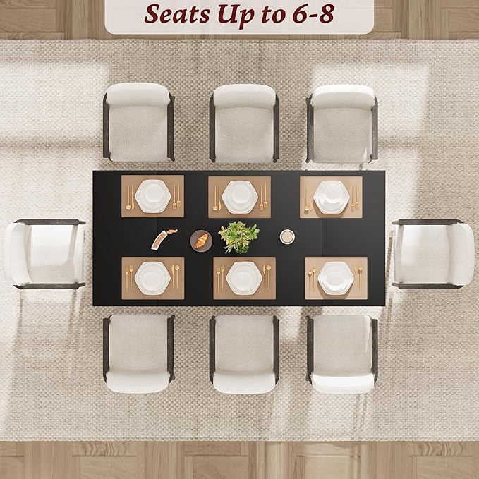 71" Large Dining Table for 6, Farmhouse Kitchen Table with Padded Top and Unique V-Shaped Feet, Rectangular Wooden Dining Table for 8 People for Home, Dining Room, Kitchen, Office, Black