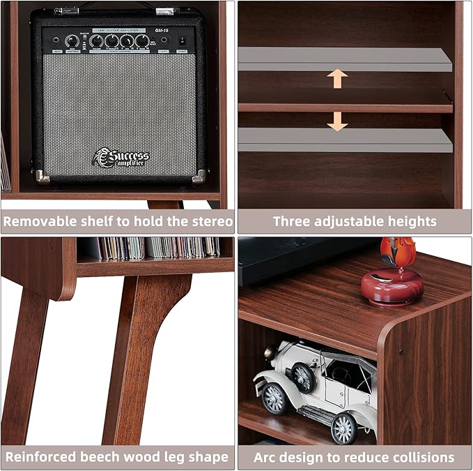 Lerliuo Record Player Stand with 4 Cabinet Holds Up to 220 Albums, Large Turntable Stand with Beech Wood Legs, Mid-Century Record Player Table,Walnut Vinyl Holder Storage Shelf for Bedroom Living Room