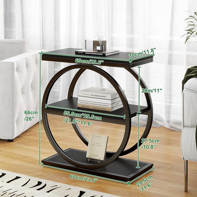 IBUYKE Narrow End Table with 3 Storage Shelves, Industrial Sofa Side Table, Double Round Metal Frames, Slim Nightstand and Bedside Table for Bedroom, Living Room, Black UTMJ418B