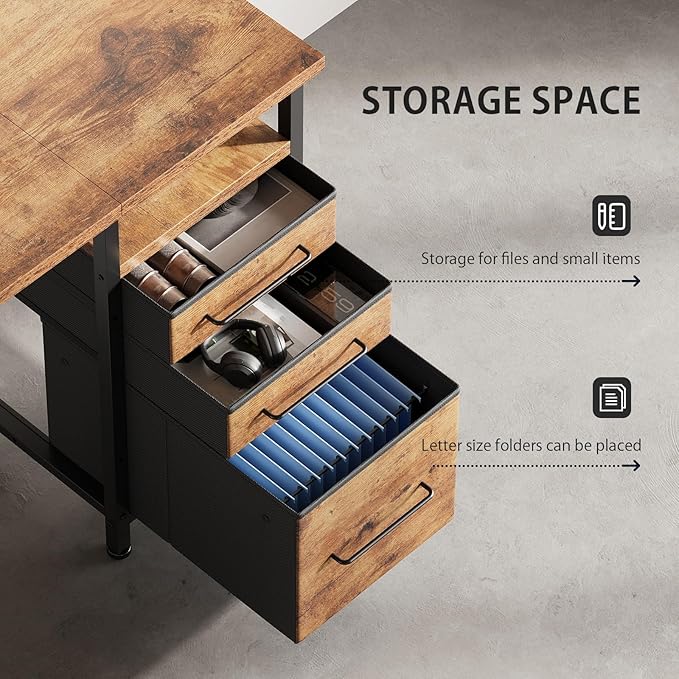 47" Computer Desk with Drawers, Desks for Bedrooms, Writing Desk with Storage, Work Desk for Small Space, Rustic Brown