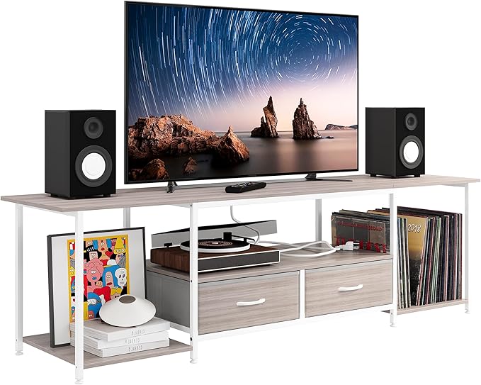 TQVAI 70 Inch TV Stand - Farmhouse Entertainment Center with Fabric Drawers Storage & Charging Station, Media Console Table for Bedroom, Living Room, Retro Grey/White