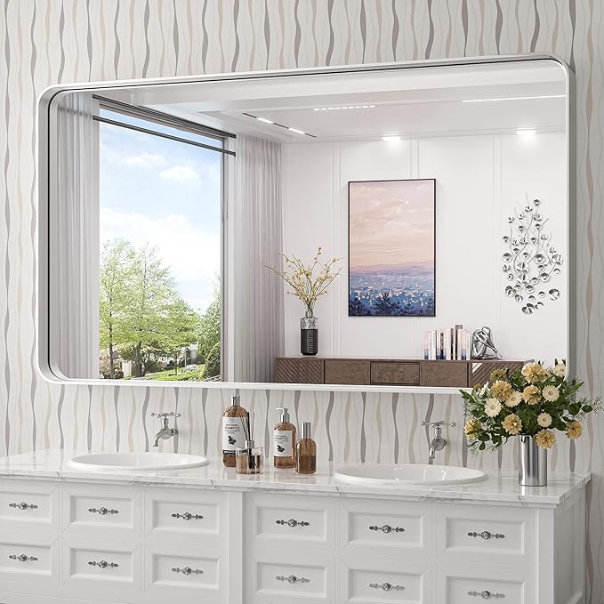 TokeShimi 60 x 30 Inch Wall Mirror for Bathroom Brushed Silver Metal Frame Decorative Rectangular Wall Mounted Home Decor Corner Hangs Farmhouse Mirror (Horizontal/Vertical)