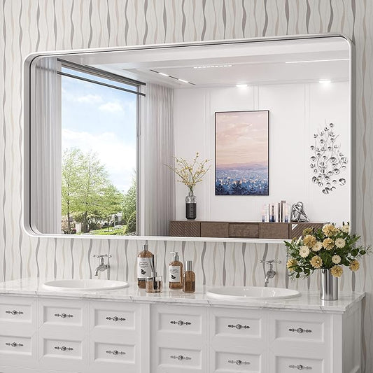 TokeShimi 60 x 30 Inch Wall Mirror for Bathroom Brushed Silver Metal Frame Decorative Rectangular Wall Mounted Home Decor Corner Hangs Farmhouse Mirror (Horizontal/Vertical)