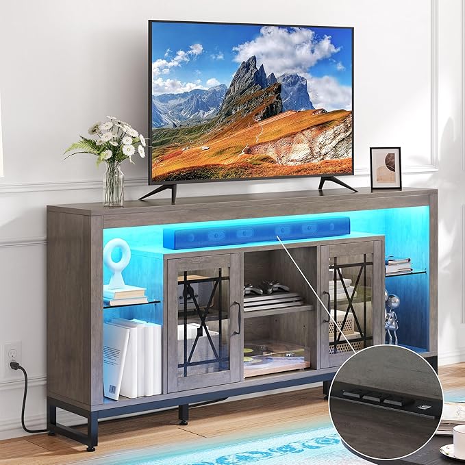 YITAHOME 33.5'' Tall TV Stand for 75 inch TV, LED Entertainment Center with Storage, Grey TV Stands for Living Room with Acrylic Doors & Power Outlets, Tall TV Console Cabinet, Grey