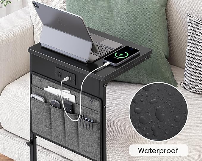 Vagusicc C-Shaped End Table Set of 2 with Charging Station, Small Side Table for Couch, Adjustable Height Couch Side Table, Slide Under Sofa Table TV Tray Tables for Living Room,Bedroom,Bedside, Black
