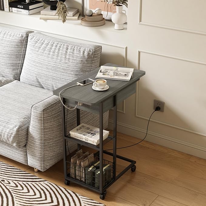 LIDYUK C Shaped End Table with Charging Station, Flip Top Side Table with USB Ports and Outlets, C Table Sofa Table with Storage Shelf for Living Room, Bedroom, Dark Grey