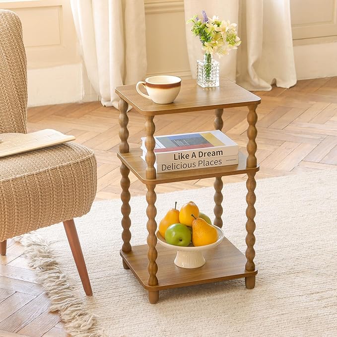 End Table, Small Side Table with 3 Tier Open Shelf, Modern NightStand Accent Table for Small Spaces, Living Room and Office (Caramel Tan)