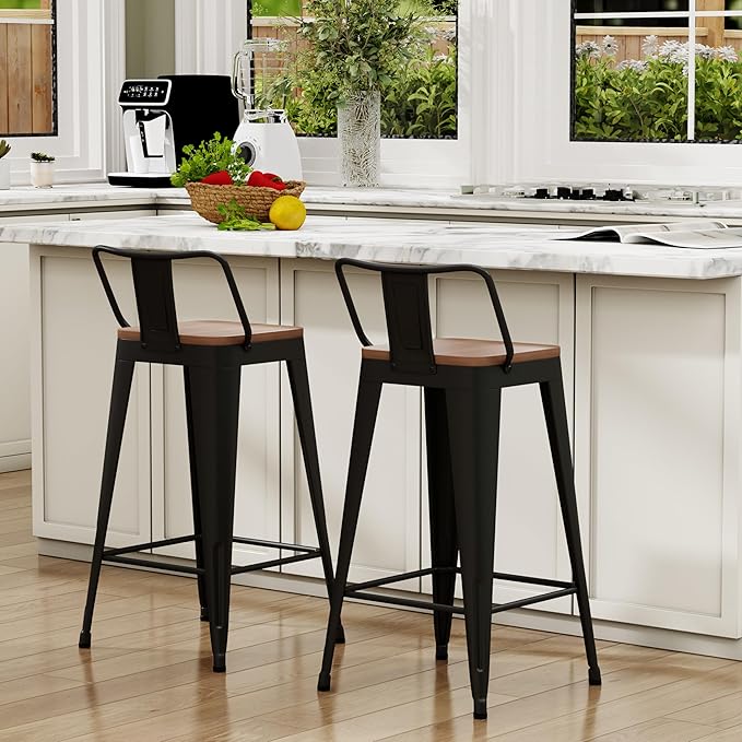 WENTMENT Metal Bar Stools Set of 2 Counter Height Barstools with Removable Back 24" Kitchen Bar Stools with Wooden Seat, Black