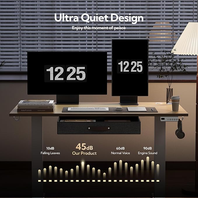 Seang Standing Desk with Drawer, 48" x 24" Height Adjustable Stand Up Desk, 3 Memory Height Settings with Cable Grommets & Storage Hooks, Ideal for Home & Office, Nature