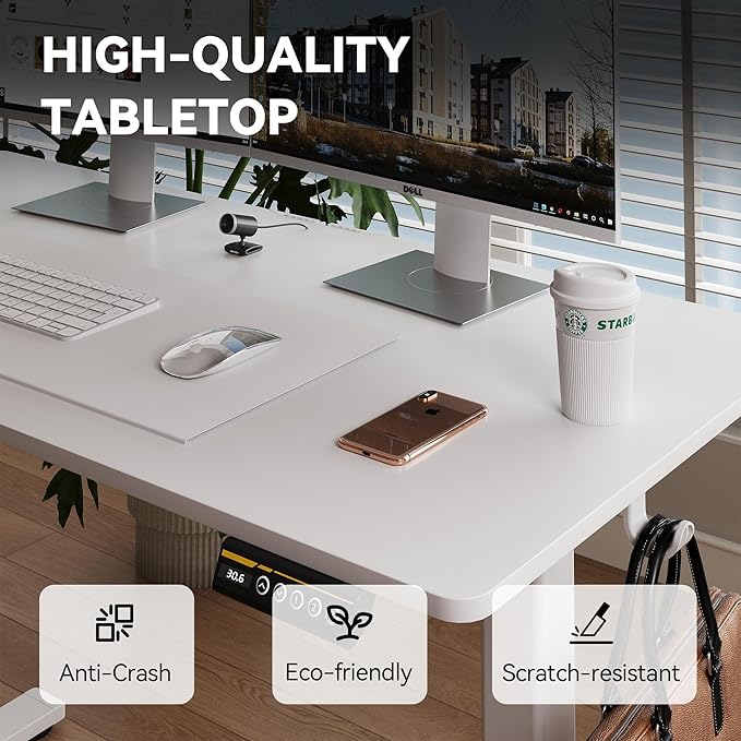 Electric Standing Desk Adjustable Height 55"x24" Stand Up Desk with Lockable Wheels Ergonomic Sit Stand Desk for for Work Office Home Computer Workstation (White)