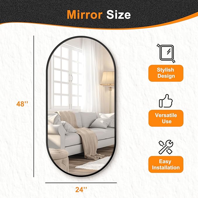Delma Bathroom Wall Full Length Mirror for Wall, 48''x24'', Gold Oval for Bedroom Entryway Bathroom, Metal Framed Vanity(48''x24'',Black)
