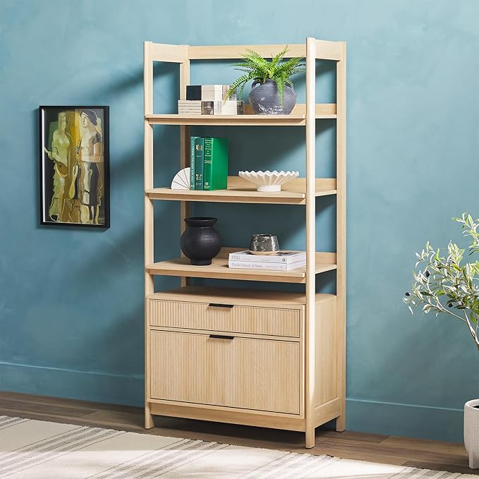 Walker Edison Transitional Open Reeded 4-Shelf Bookshelf with Drawers Versatile Bookcase with Bottom Storage for Home Office, Living Room, Bedroom, 33 Inch, Coastal Oak
