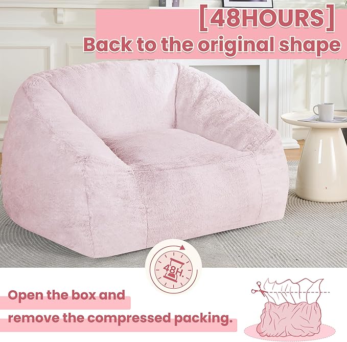 Bean Bag Chairs for Adults, Giant Beanbag Sofa Comfy Reading Chair, Oversized Bean Bag Chairs for Living Room Bedroom, Soft Faux Fur Fabric, 3.2FT, Pink, Plush