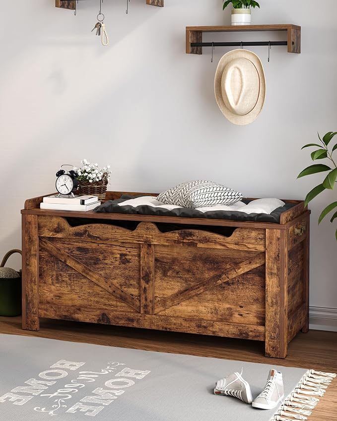 39.4" Storage Chest, Extra Large Storage Trunk with 2 Safety Hinges, Wooden Box Bench, Lift-Top Organizer Chest, Shoe Bench for Entryway, Bedroom, Living Room, Rustic Brown SB04501X