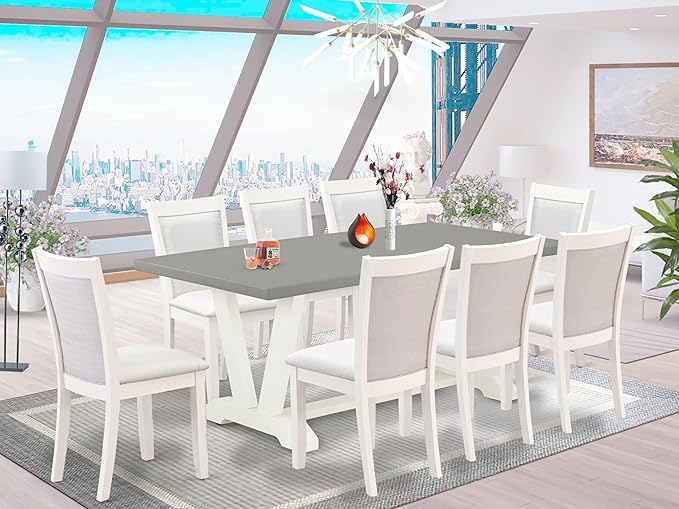 East West Furniture V097MZ001-9 9 Piece Modern Dining Table Set Includes a Rectangle Wooden Table with V-Legs and 8 Cream Linen Fabric Upholstered Parson Chairs, 40x72 Inch, Multi-Color
