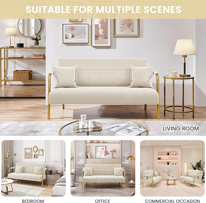 Yaheetech 56.5" W Modern Loveseat 2 Seater Sofa Luxurious Velvet Fabric Couch with Gold-Tone Metal Arms and Legs for Living Room, Home Office, Studio Beige
