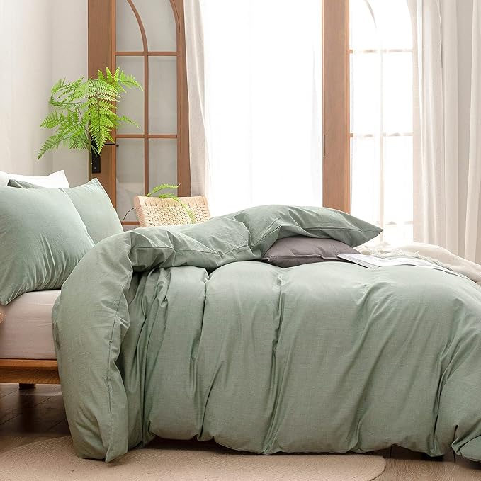 BESTOUCH Duvet Cover Set 100% Washed Cotton Linen Feel Super Soft Comfortable Chic Lightweight 3 PCs Home Bedding Set Solid Green Full/Double