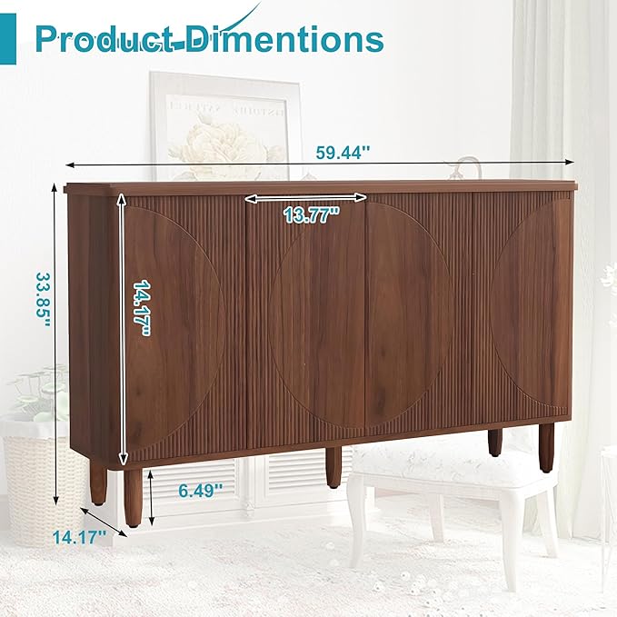 59.4" Sideboard Buffet Cabinet with Storage, Kitchen Buffet Storage Cabinet with Doors & Shelves, Modern Sideboard for Living Room, Kitchen, Hallway, Rustic Brown