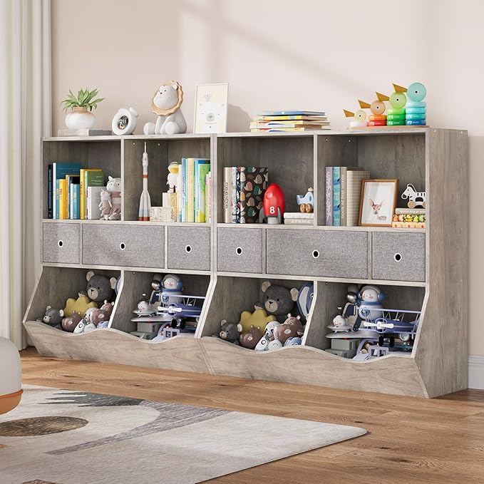 IDEALHOUSE Kids Bookshelf and Toy Storage Organizer with 3 Movable Drawers, Floor Storage Cabinet Toy Chest with 4 Cubbies, Multifunctional Storage Chest for Nursery, Playroom and Bedroom, White