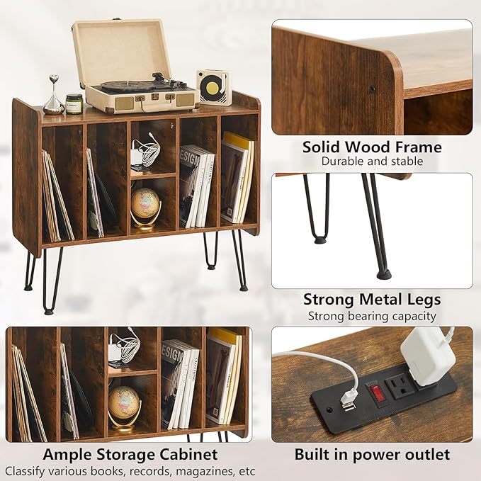 Large Brown Record Player Stand with Vinyl Storage, Power and USB Port, Holds Up to 200 Albums, Turntable Stand with Record Storage Cabinet