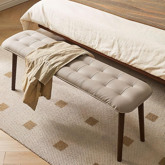 Entryway Bench, Solid Wood Dining Bench, Midcentury End of Bed Bench with PU Leather Padded Seat, Bedroom Bench, 47.24" L x 12.6" W x 17.72" H (Beige)