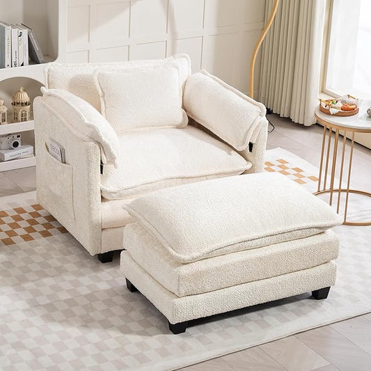 Furniliving Oversized Accent Chairs with Ottoman, Luxury Boucle Single Sofa, Upholstered Deep Seat Chaise Lounge with Pillows for Living Room, Bedroom, Apartment, Beige