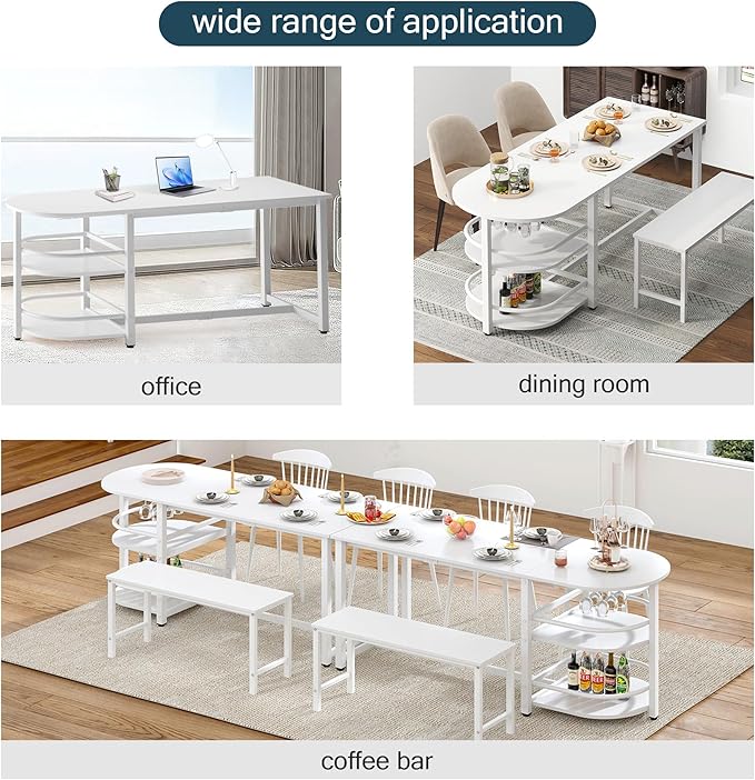 soges Dining Table for 4-6 Person, 71 inch Long Kitchen Dining Table for Living Room and Dining Room, Dinner Table with Storage Shelf & Cup Holder, Metal Legs(Only Table), White